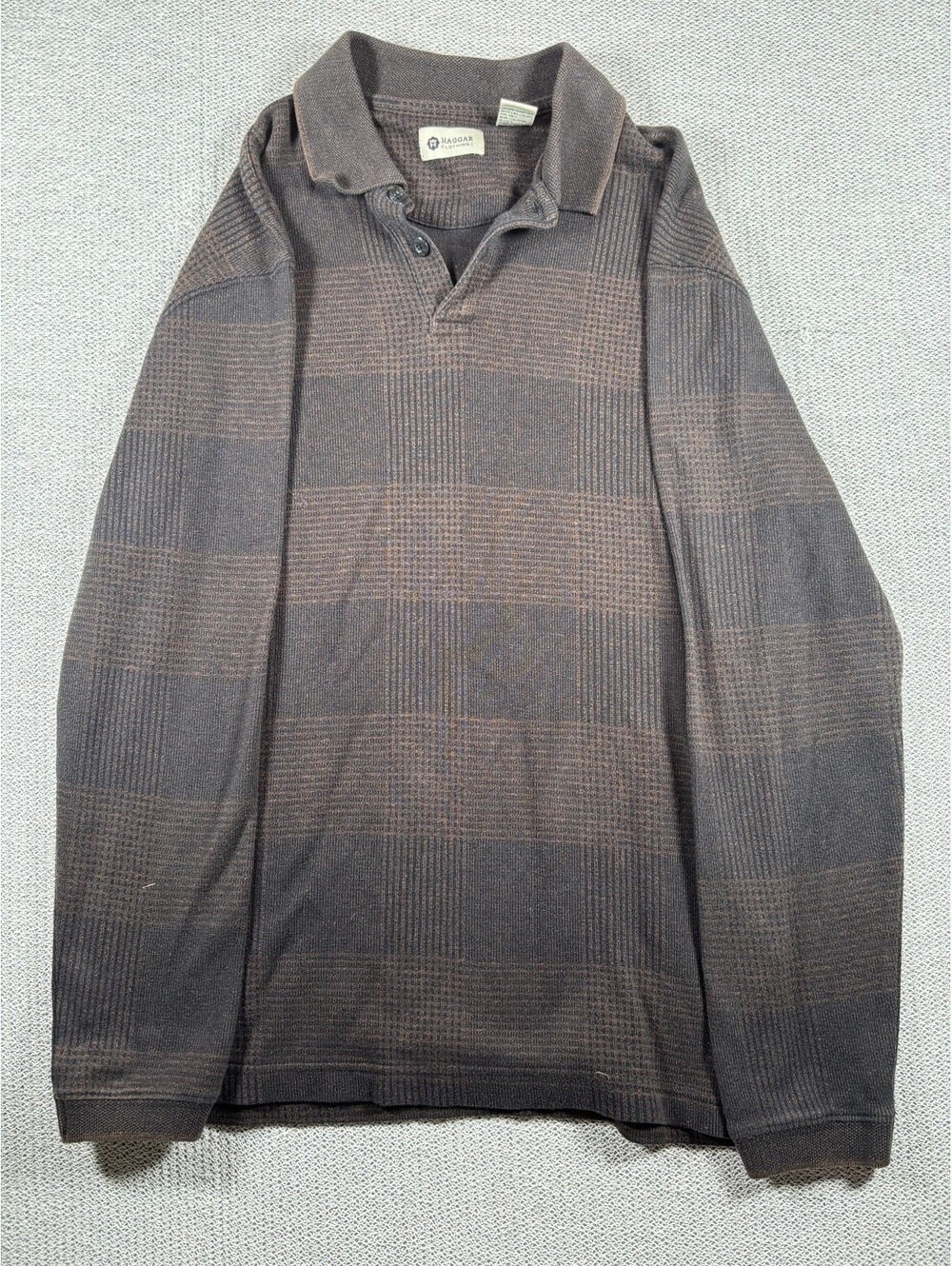 Haggar Men's Long Sleeve Polo Shirt Small Brown Checkered